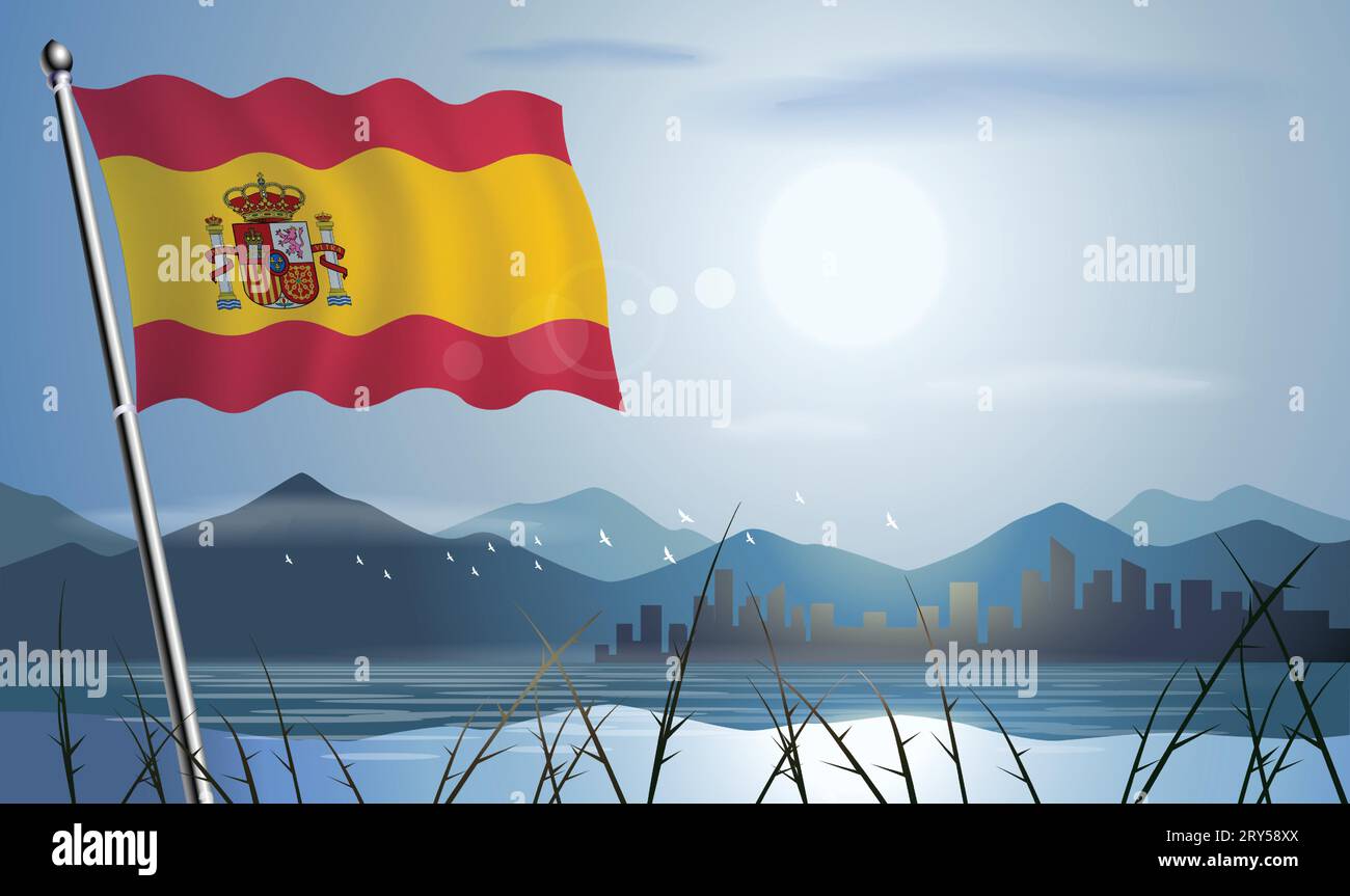 Bandiera spagnola con sfondo soleggiato di montagne e laghi Illustrazione Vettoriale