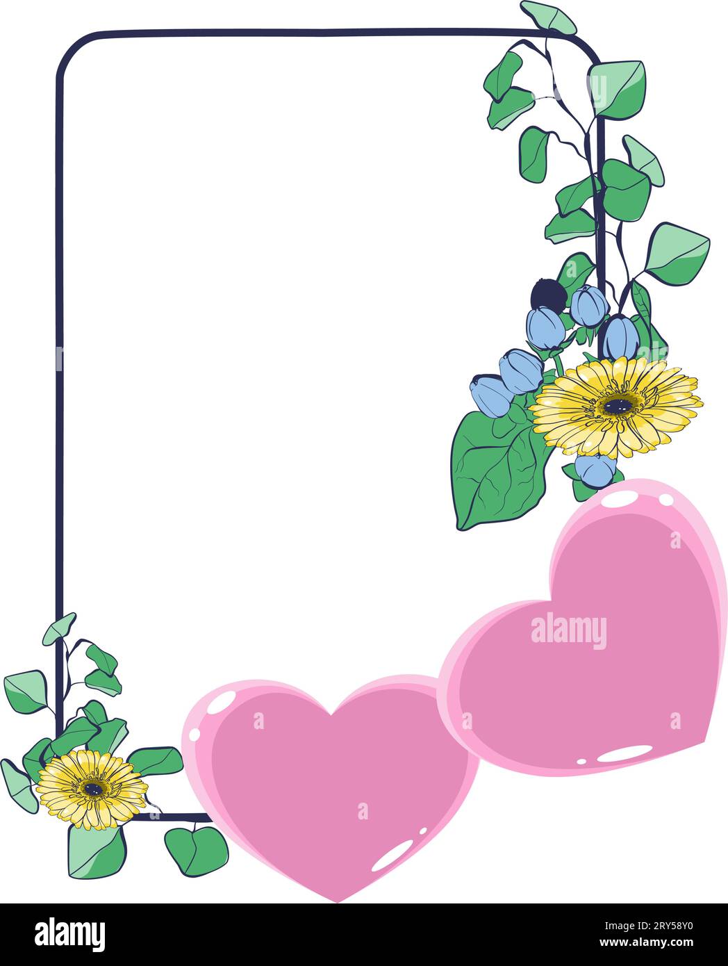 Cornice floreale con cuori, foglie di eucalipto e fiori di gerbera. Illustrazione vettoriale Illustrazione Vettoriale