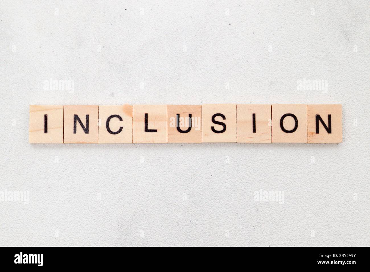 Vista dall'alto della parola Inclusion su blocco di lettere cubo di legno su sfondo bianco. Concetto aziendale Foto Stock