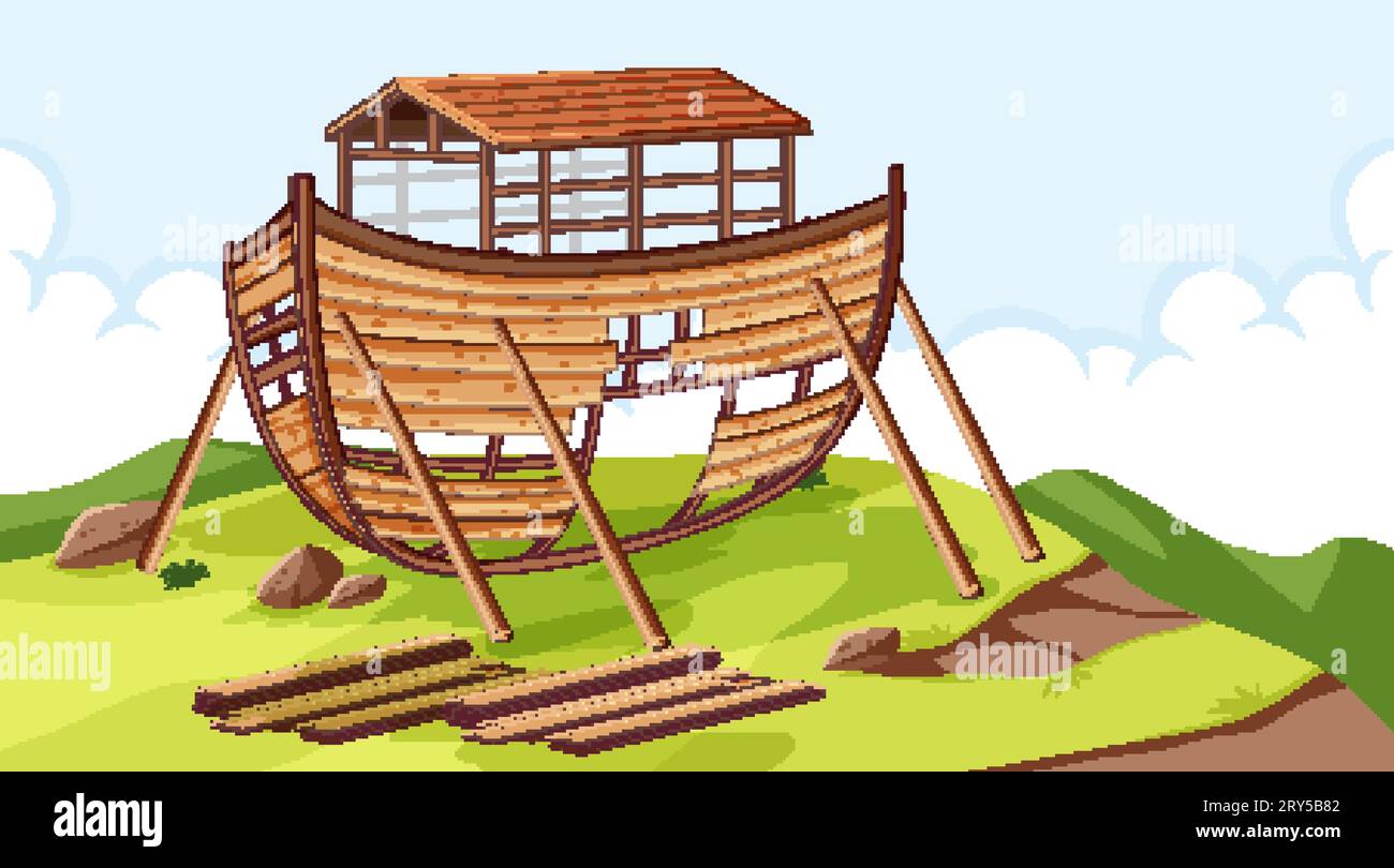 Immagine di una barca di legno costruita all'aperto Illustrazione Vettoriale