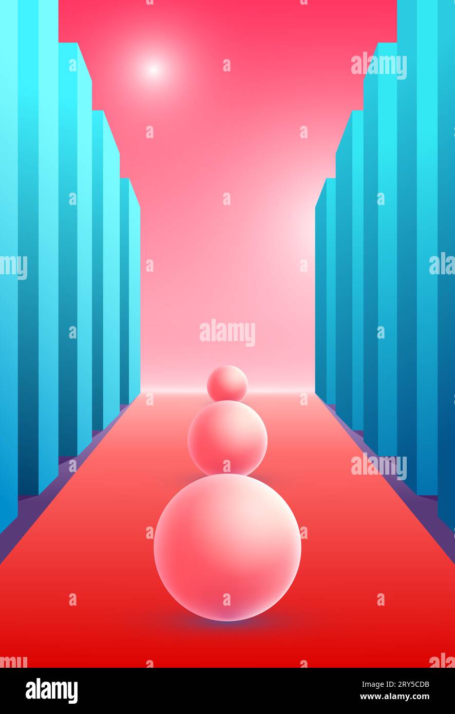 Composizione astratta e surreale con palline morbide sulla strada rosa tra le colonne. Sfondo verticale con forme pastello minimali. Illustrazione Vettoriale