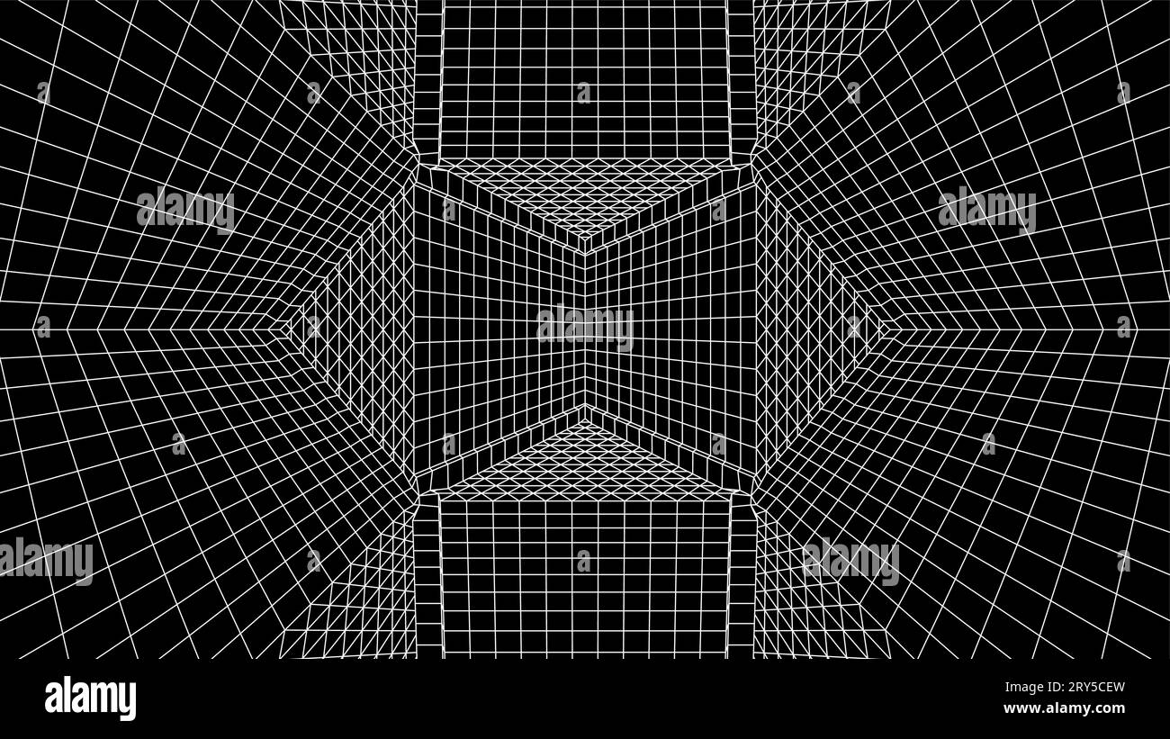 Sfondo geometrico della griglia con mesh stile anni '80. Sfondo astratto cyberpunk con griglia computer retrò. Illustrazione Vettoriale