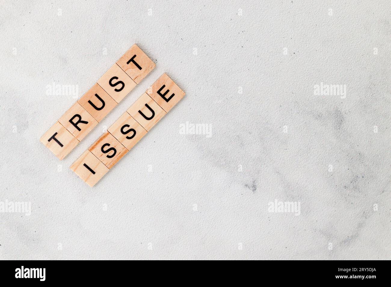 Vista dall'alto della parola Trust Issue su blocco di lettere cubo in legno su sfondo bianco. Concetto aziendale Foto Stock