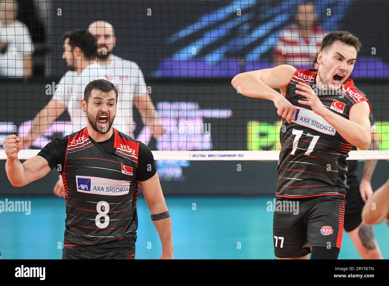 Burutay Subasi, Bedirhan Bulbul (Turchia) festeggia la vittoria contro il Canada. Campionato del mondo di pallavolo 2022. Foto Stock