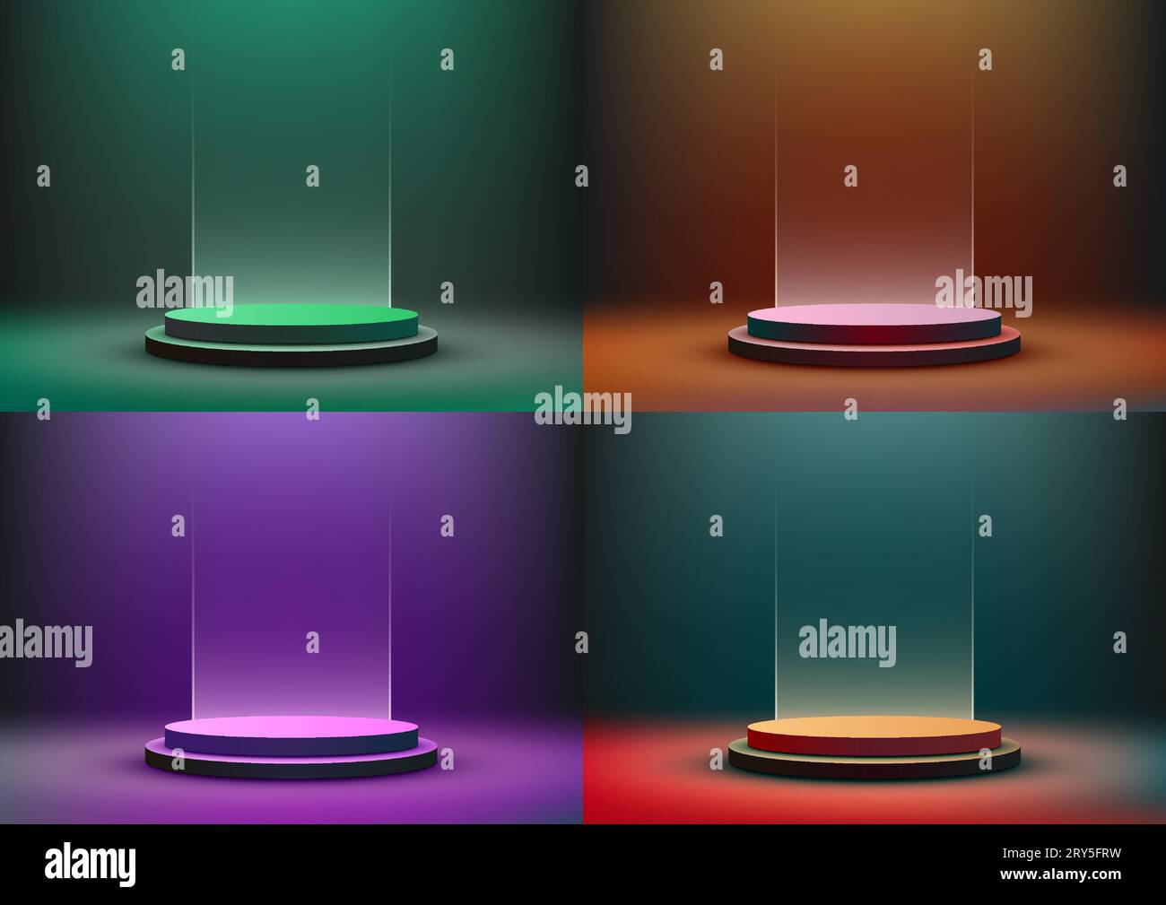 Podio 3D dai colori vivaci e realistici con sfondo in vetro. Questo moderno modello per espositori è perfetto per mostrare i tuoi prodotti in un ambiente pulito Illustrazione Vettoriale