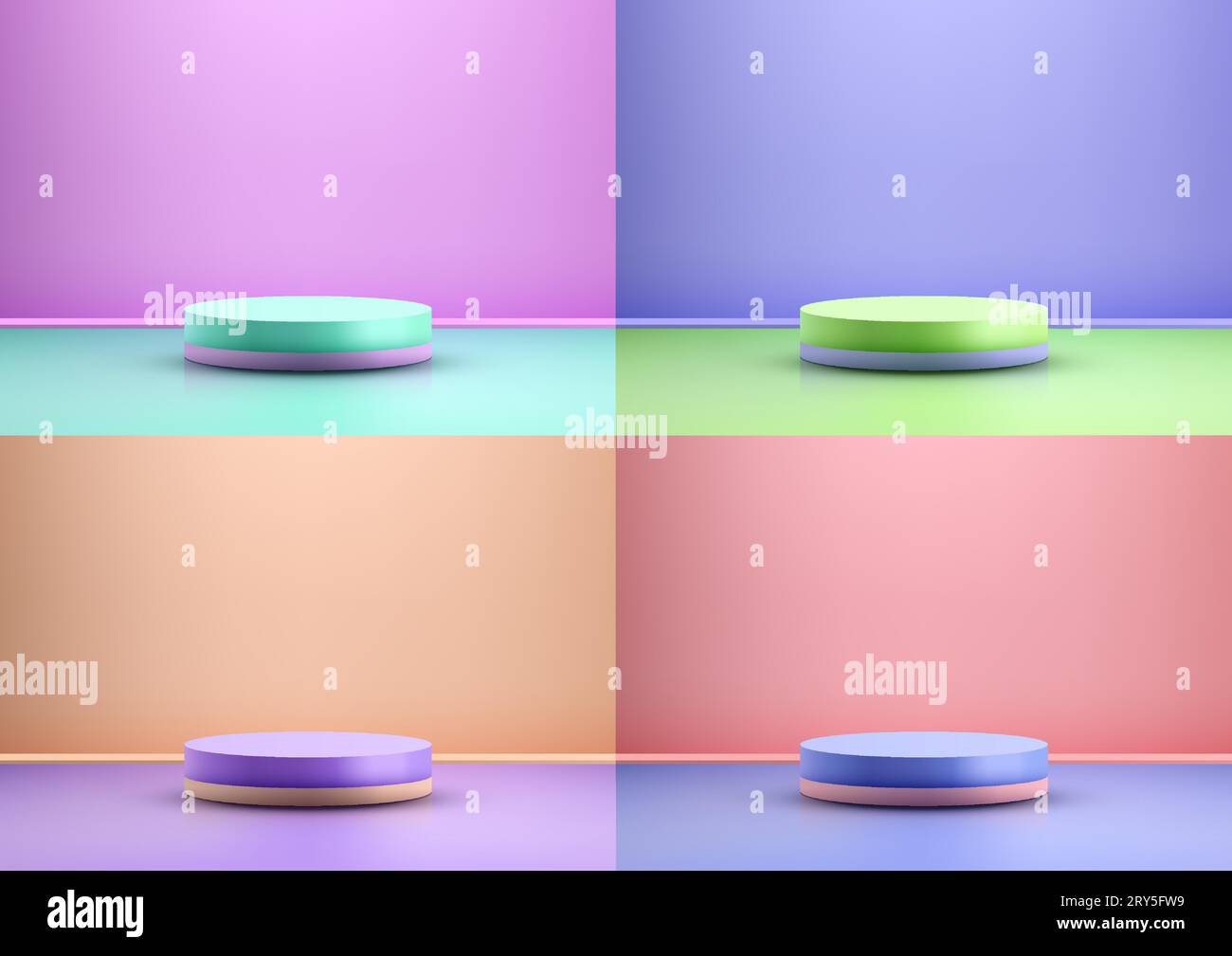 Colori 3D realistici e vivaci podio su uno sfondo a parete vivace. Questo moderno display è perfetto per mostrare i tuoi prodotti. Illustrazione vettoriale Illustrazione Vettoriale