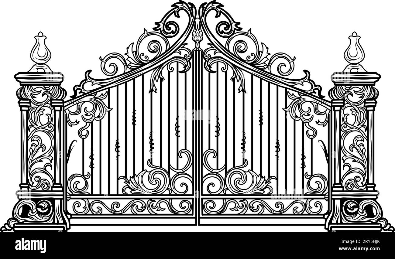 CANCELLO IN METALLO ANTICO. Schizzo nero su bianco di porte da giardino a due piegature in ferro battuto. Cancello della chiesa con pergamene e foglie. Illustrazione Vettoriale