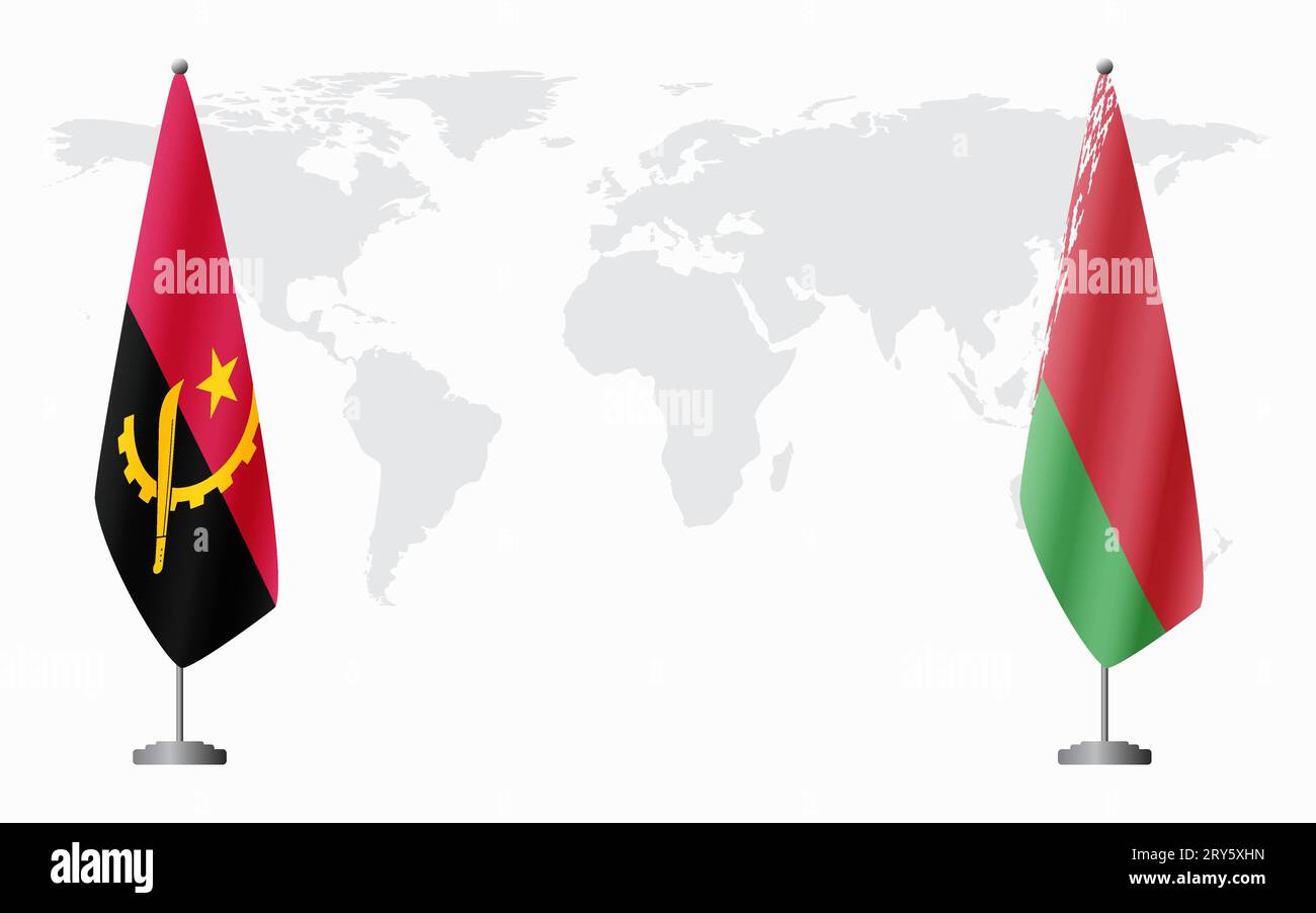 Bandiere angolane e bielorusse per incontri ufficiali sullo sfondo della mappa mondiale. Illustrazione Vettoriale