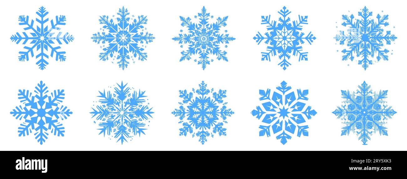 Set di icone fiocchi di neve. Raccolta di fiocchi di neve blu su sfondo bianco. Illustrazione vettoriale Illustrazione Vettoriale