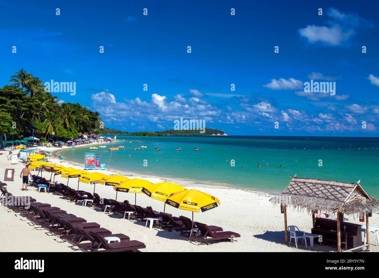 Lettini, ombrelloni e baita in bambù sulla spiaggia di Chaweng, Ko Samui, Thailandia Foto Stock