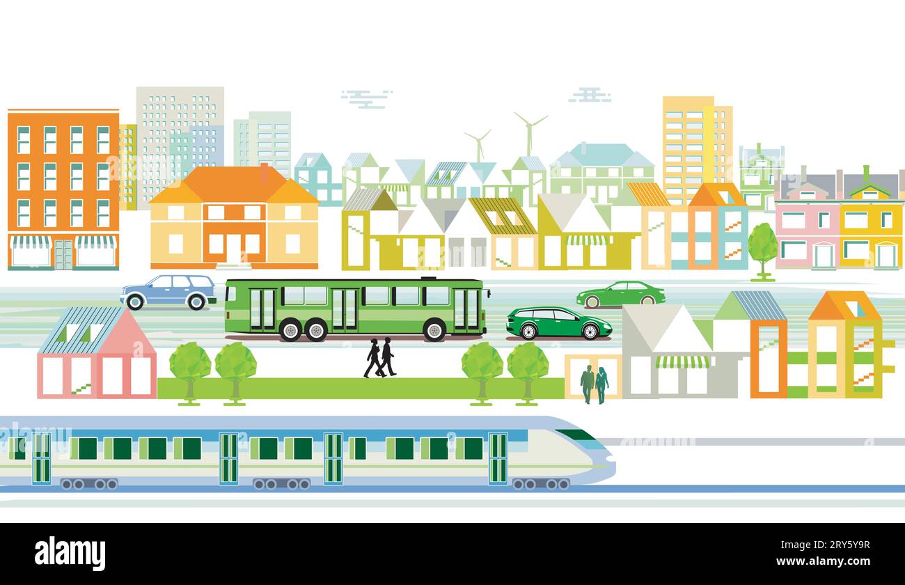 Panoramica della città con traffico e case, illustrazione delle informazioni Illustrazione Vettoriale