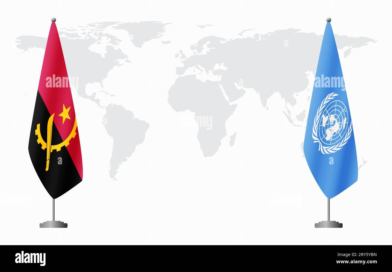 Bandiere dell'Angola e delle Nazioni Unite per un incontro ufficiale sullo sfondo della mappa mondiale. Illustrazione Vettoriale