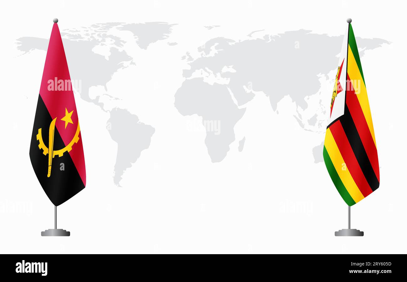 Bandiere dell'Angola e dello Zimbabwe per riunioni ufficiali sullo sfondo della mappa mondiale. Illustrazione Vettoriale
