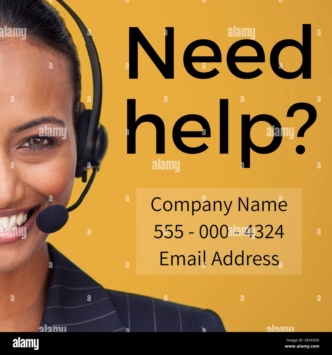 Composto da un agente asiatica di call center e bisogno di aiuto, nome dell'azienda, indirizzo e-mail, numero Foto Stock