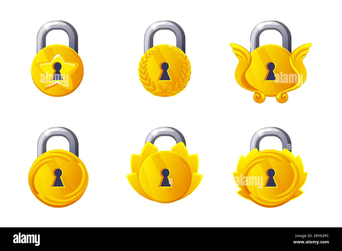Icone dei lucchetti dorati. Illustrazione di un cartone animato con lucchetti in metallo. Illustrazione Vettoriale