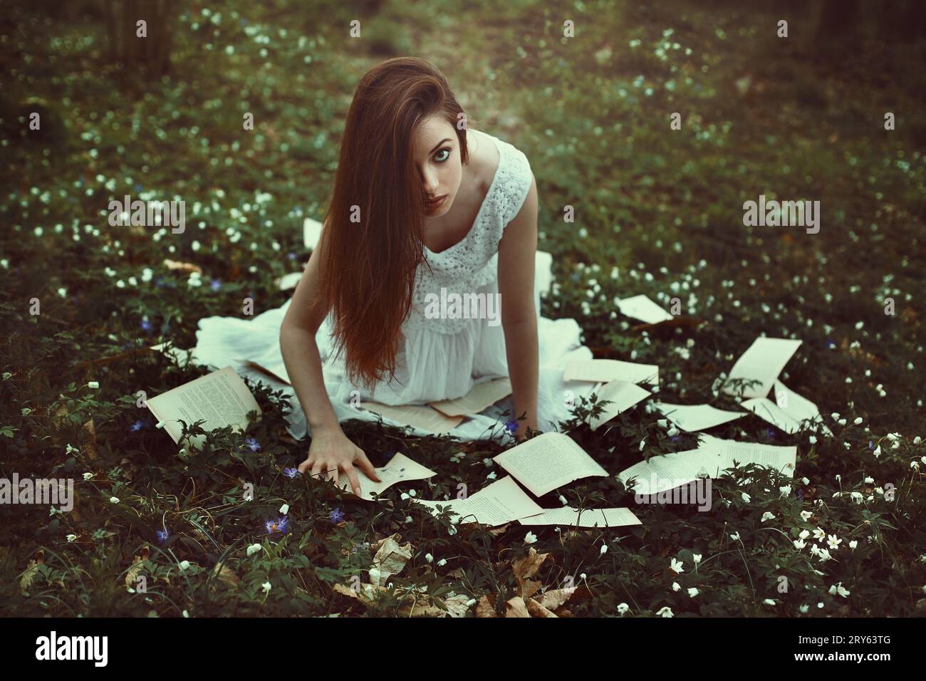 Donna con un'espressione oscura in una foresta strana Foto Stock