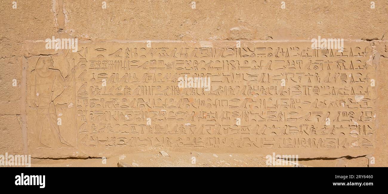 Egitto, Saqqara, tomba di Mehu, facciata, con un lungo testo di dedica. Foto Stock