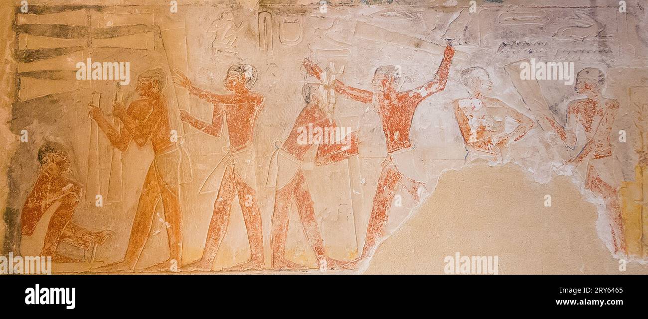 Egitto, Saqqara, tomba di Mehu, raccolta del lino. Foto Stock