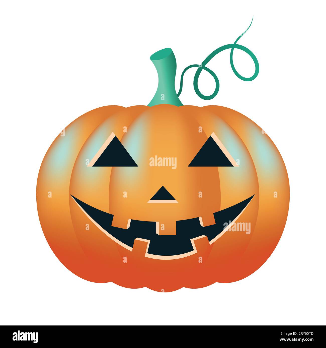 Jack o'lantern. Una zucca con gradiente vettoriale con un volto sorridente e un riccio verde sullo sfondo bianco Illustrazione Vettoriale