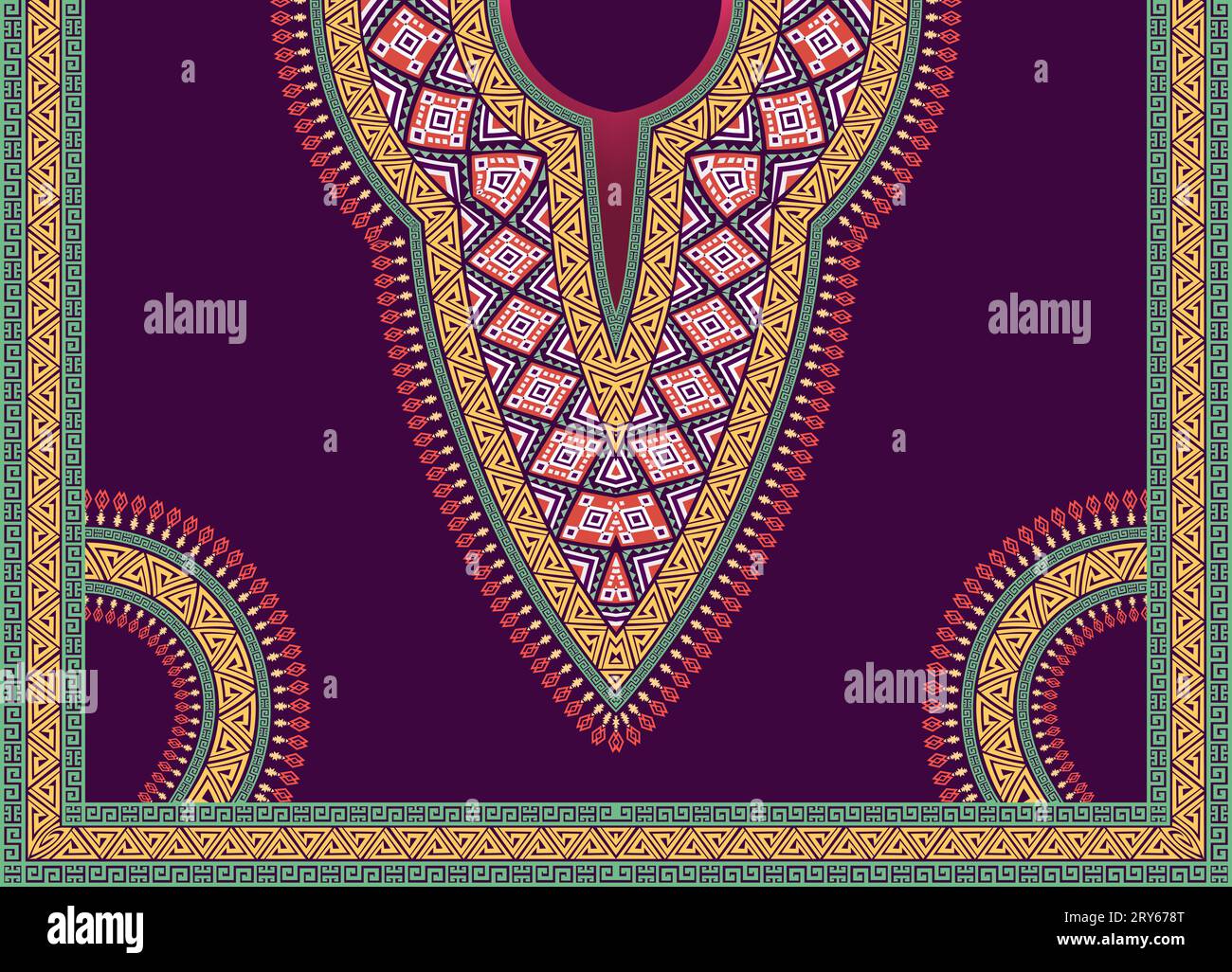 Colorato e intricato design geometrico a ripetizione del collo per la camicia African dashiki Illustrazione Vettoriale