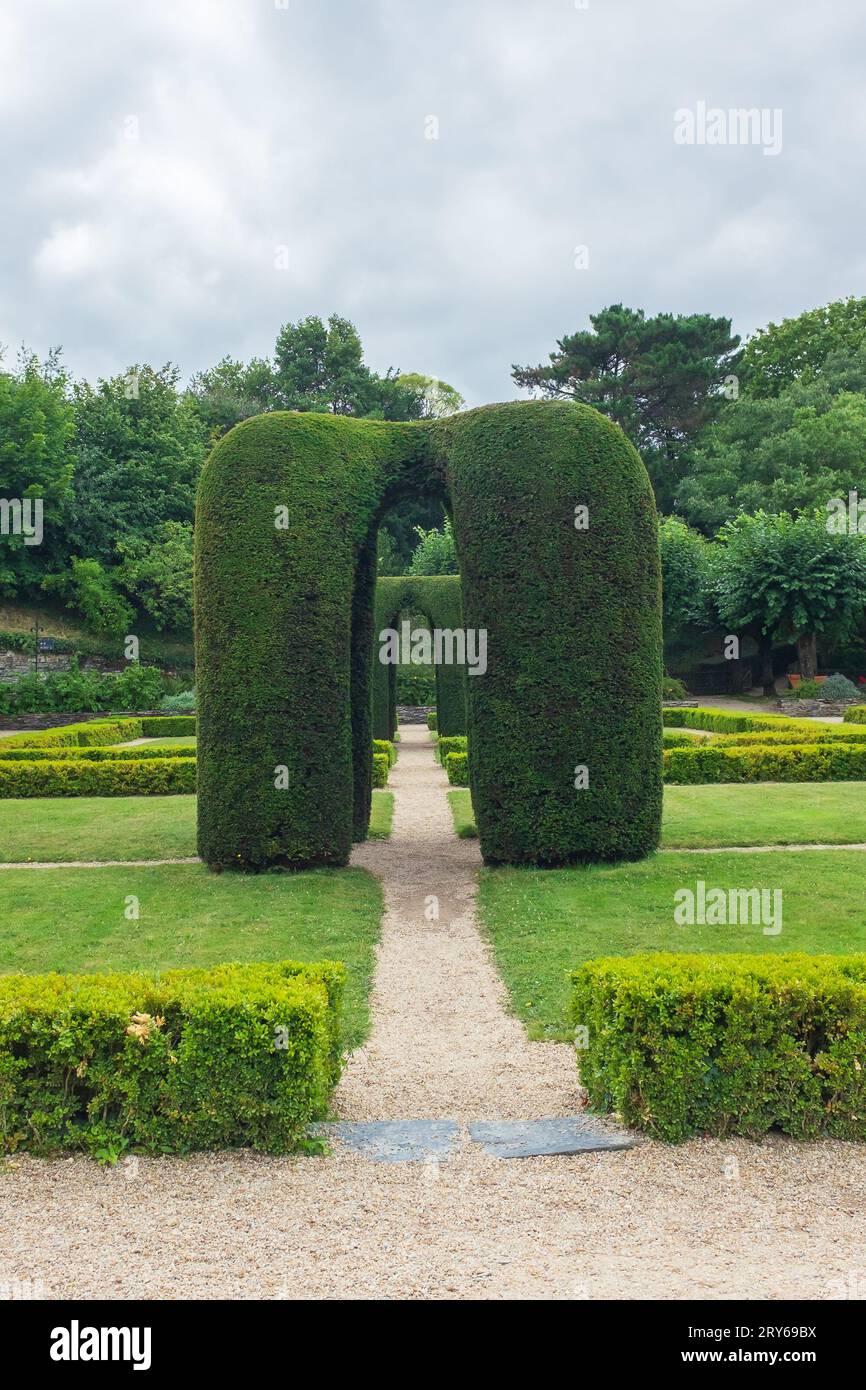 Angers, Francia, 2023. Prospettiva attraverso le strutture topiarie nei giardini disposti di fronte agli alloggi del Governatore (verticale) Foto Stock
