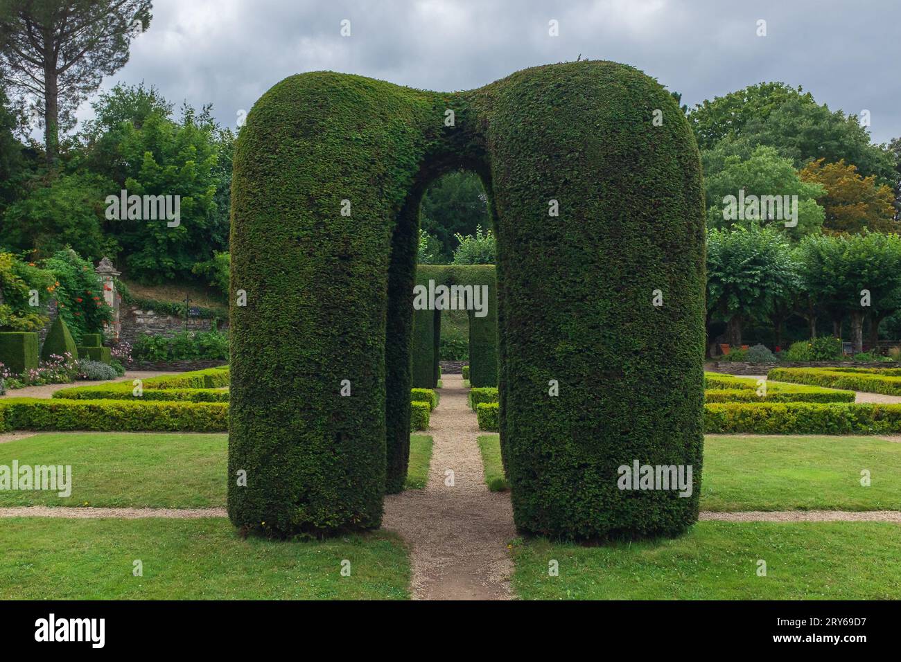 Angers, Francia, 2023. Prospettiva attraverso le strutture topiarie nei giardini disposti di fronte agli alloggi del governatore nel Château d'Angers Foto Stock