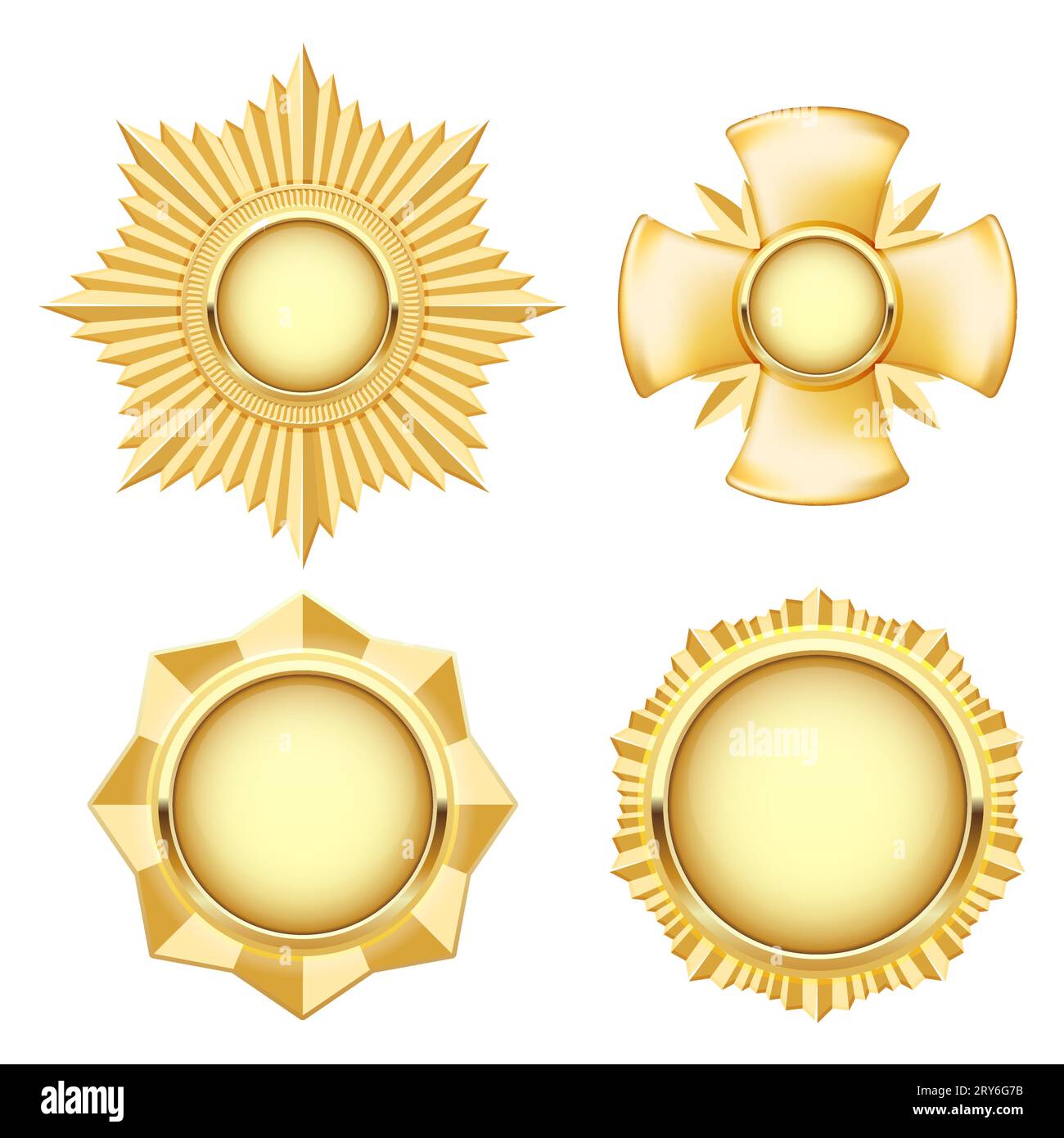 Medaglia d'oro e insegne, stella e croce dentate, medaglione premio, distintivo militare, vettore Illustrazione Vettoriale