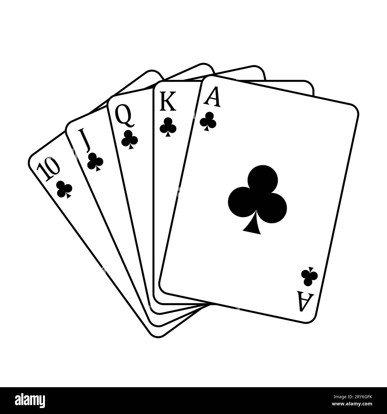 Carte da gioco - una mano di poker composta da un reale colore club 10 J Q K A, illustrazione vettoriale isolata su bianco Illustrazione Vettoriale