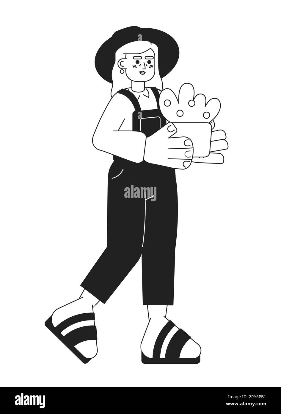 Donna anziana giardiniera che tiene pianta in bianco e nero personaggio dei cartoni animati 2D. Illustrazione Vettoriale