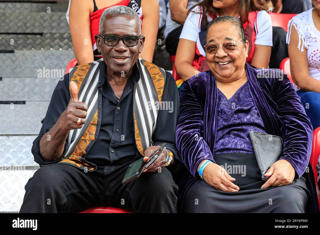 L'attore di EastEnders Rudolph Walker (Patrick) assiste alla sfilata di Notting Hill Carnival, Londra, Inghilterra Foto Stock