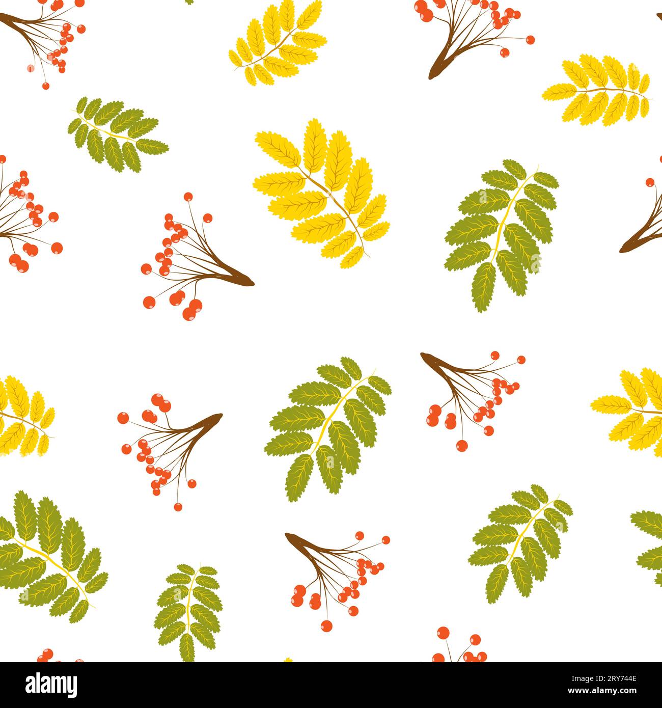 Motivo decorativo autunnale senza cuciture al rowanberry. Semplice motivo ripetibile per bacche autunnali per progetti di progettazione di tessuti, carta da imballaggio e superfici. Illustrazione Vettoriale