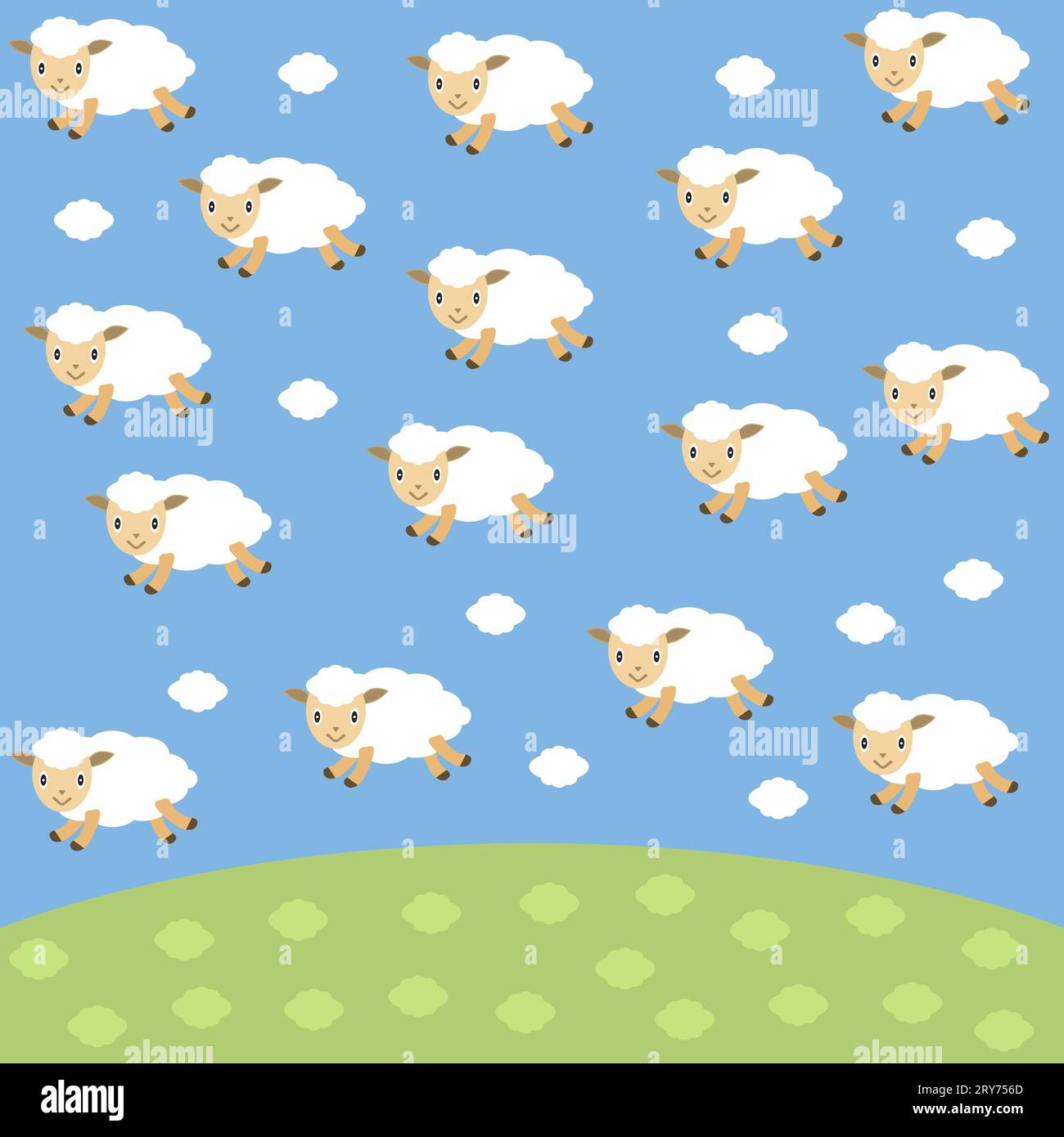 Graziose pecore bianche volanti a forma di nuvole sullo sfondo del cielo. Illustrazione Vettoriale