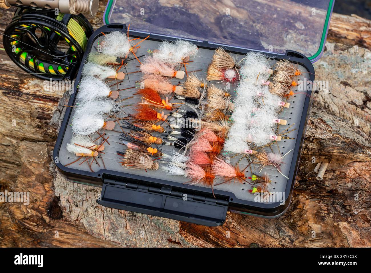 Selezione di Box per la pesca a mosca presso il fiume Foto Stock