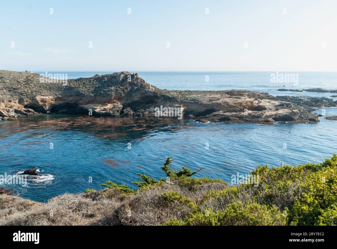 Vista panoramica della costa rocciosa di una baia californiana in estate Foto Stock