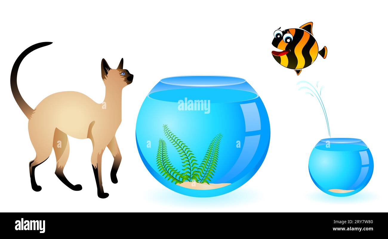 Gatto da cartoni animati con piccoli pesci tropicali colorati Foto Stock