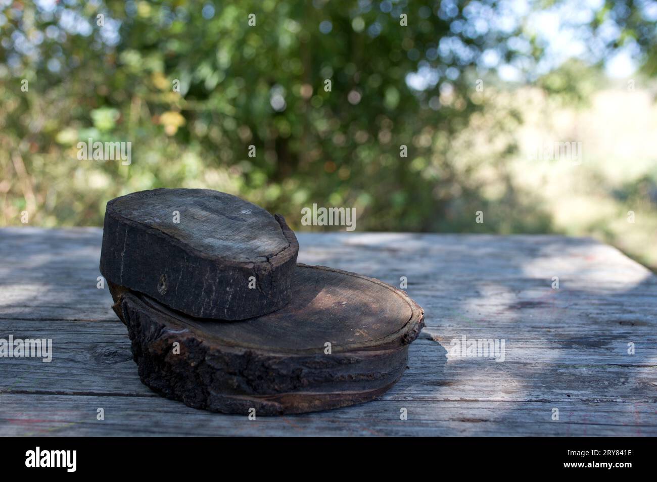 Due sezioni trasversali di un ceppo su un tavolo di legno, sfondo vuoto per l'esposizione del prodotto, messa a fuoco morbida in primo piano Foto Stock