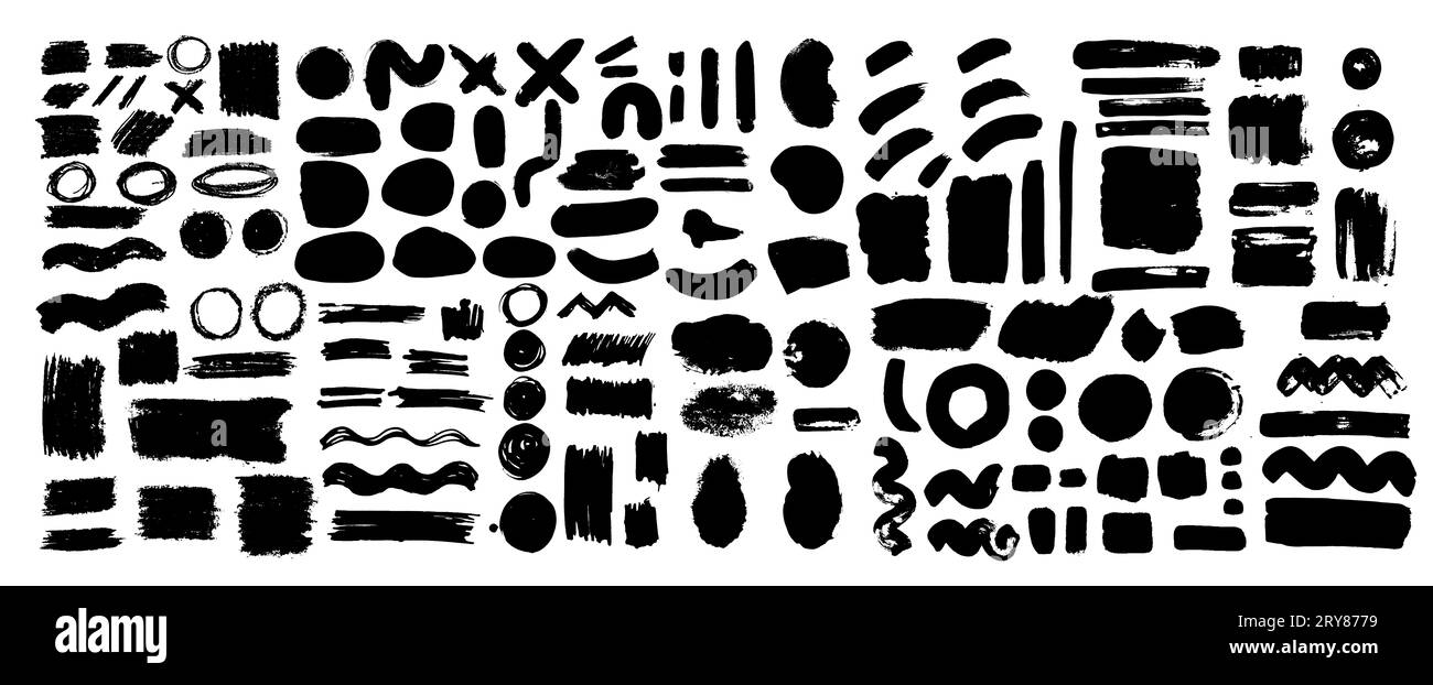 Ampia collezione di forme. Tratti di pennello con vernice nera, tratti fatti a mano di varie forme, circolari, allungati, quadrati, rettangolari, set di vec Foto Stock