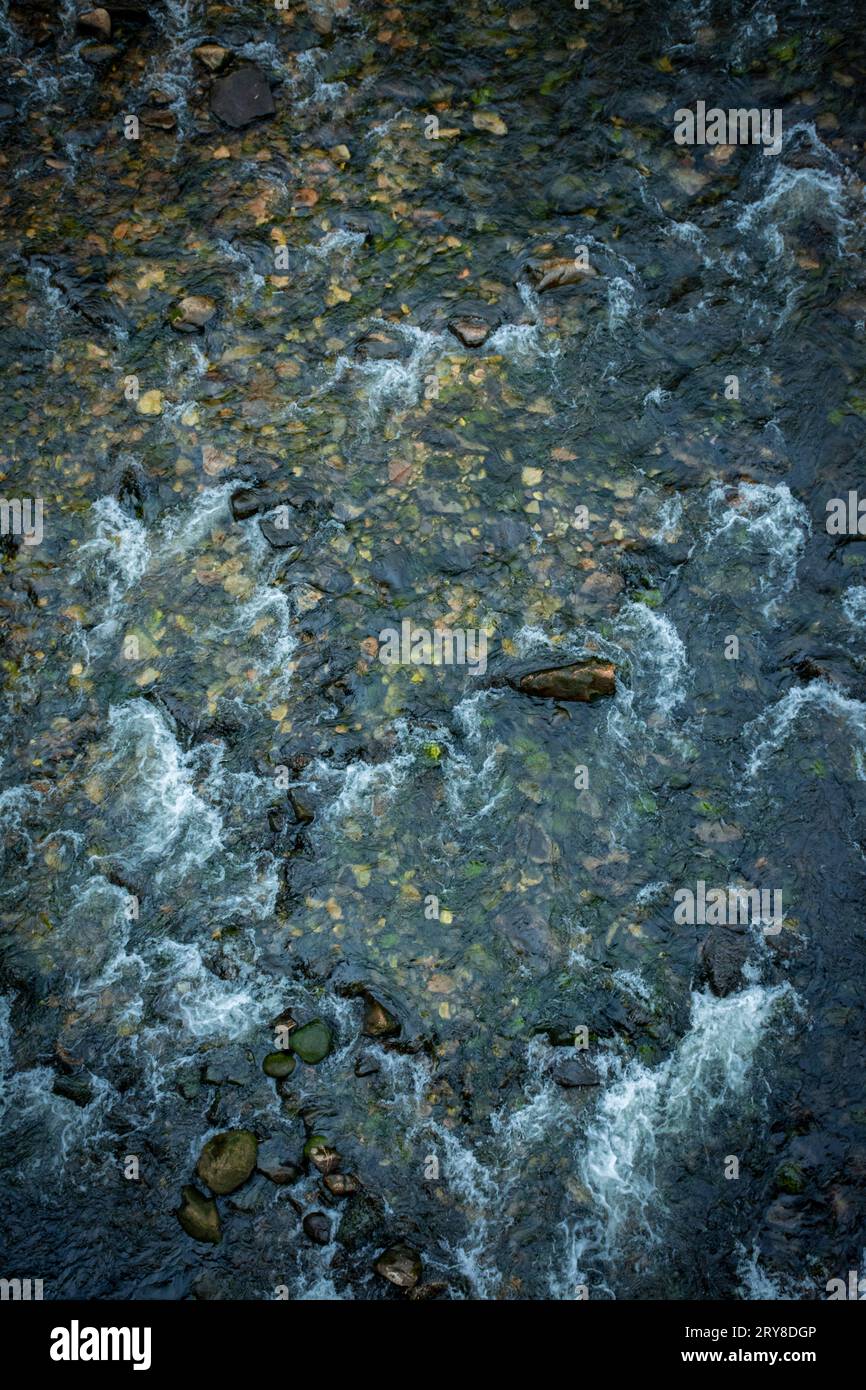 Fiume con poca corrente d'acqua limpida, con rocce, viste dall'alto, in stile scuro Foto Stock
