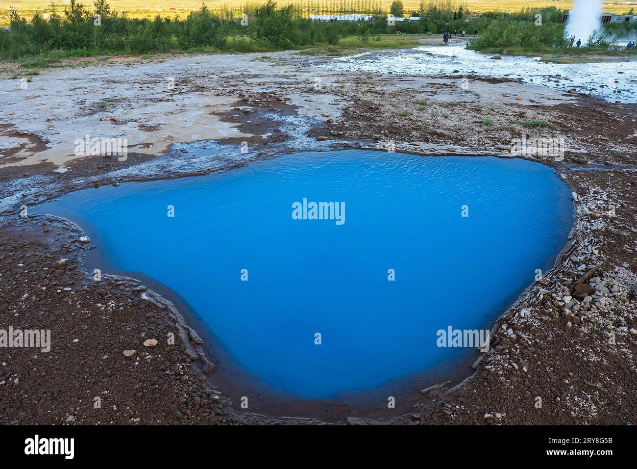 Sorgenti termali, area geotermale nella valle di Haukadalur, sorgente termale di Blesi di fronte, geyser Strokkur che erutta dietro, cerchio d'Oro, regione meridionale, Islanda. Foto Stock