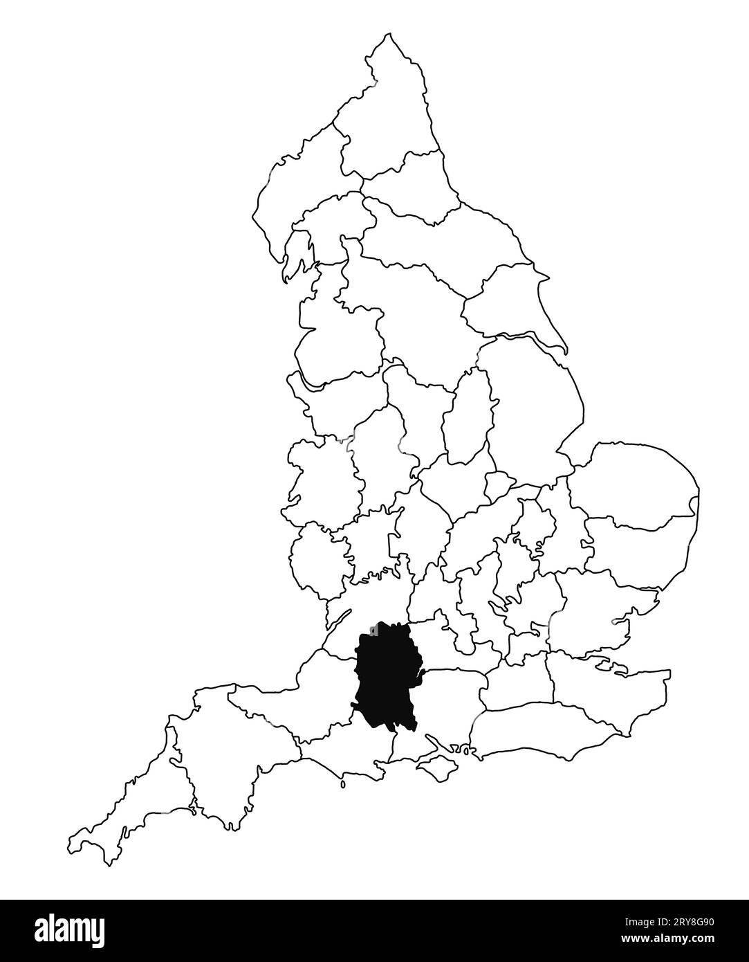 Mappa della contea di Wiltshire in Inghilterra su sfondo bianco. Mappa singola della contea evidenziata da colore nero sulla mappa amministrativa dell'Inghilterra. Regno Unito, Foto Stock