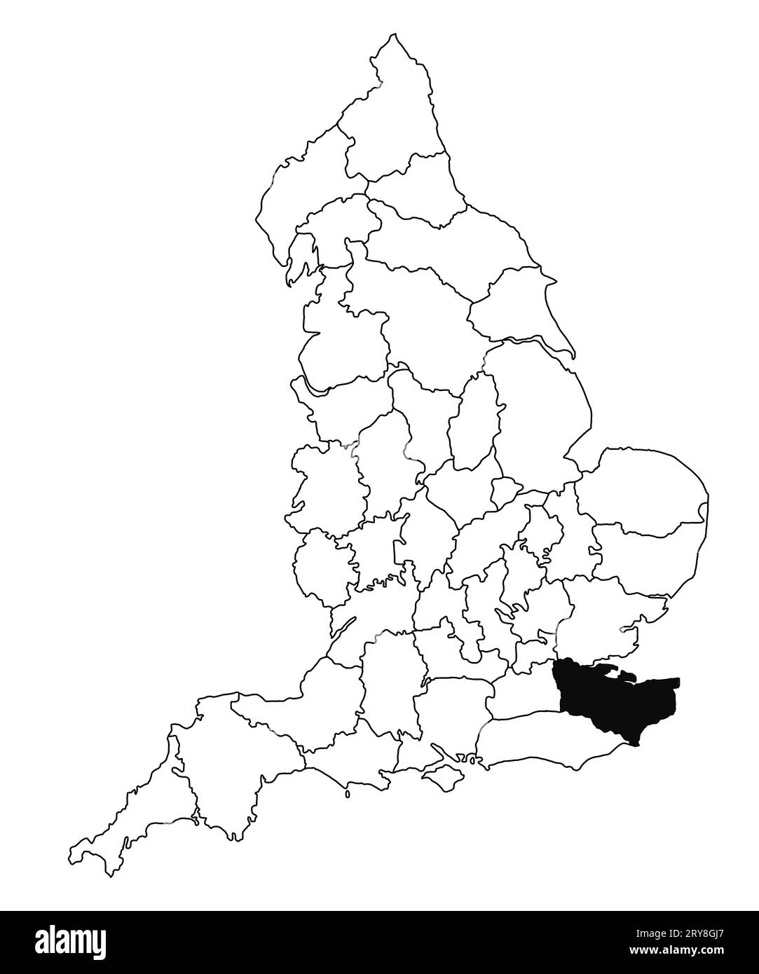 Mappa della contea di Kent in Inghilterra su sfondo bianco. Mappa singola della contea evidenziata da colore nero sulla mappa amministrativa dell'Inghilterra. Regno Unito, Brita Foto Stock