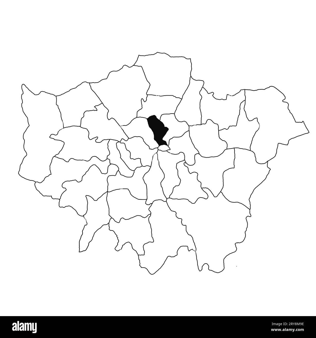 Mappa di Islington nella provincia di Greater London su sfondo bianco. Mappa singola della contea evidenziata da colore nero sulla Greater London, England administrati Foto Stock
