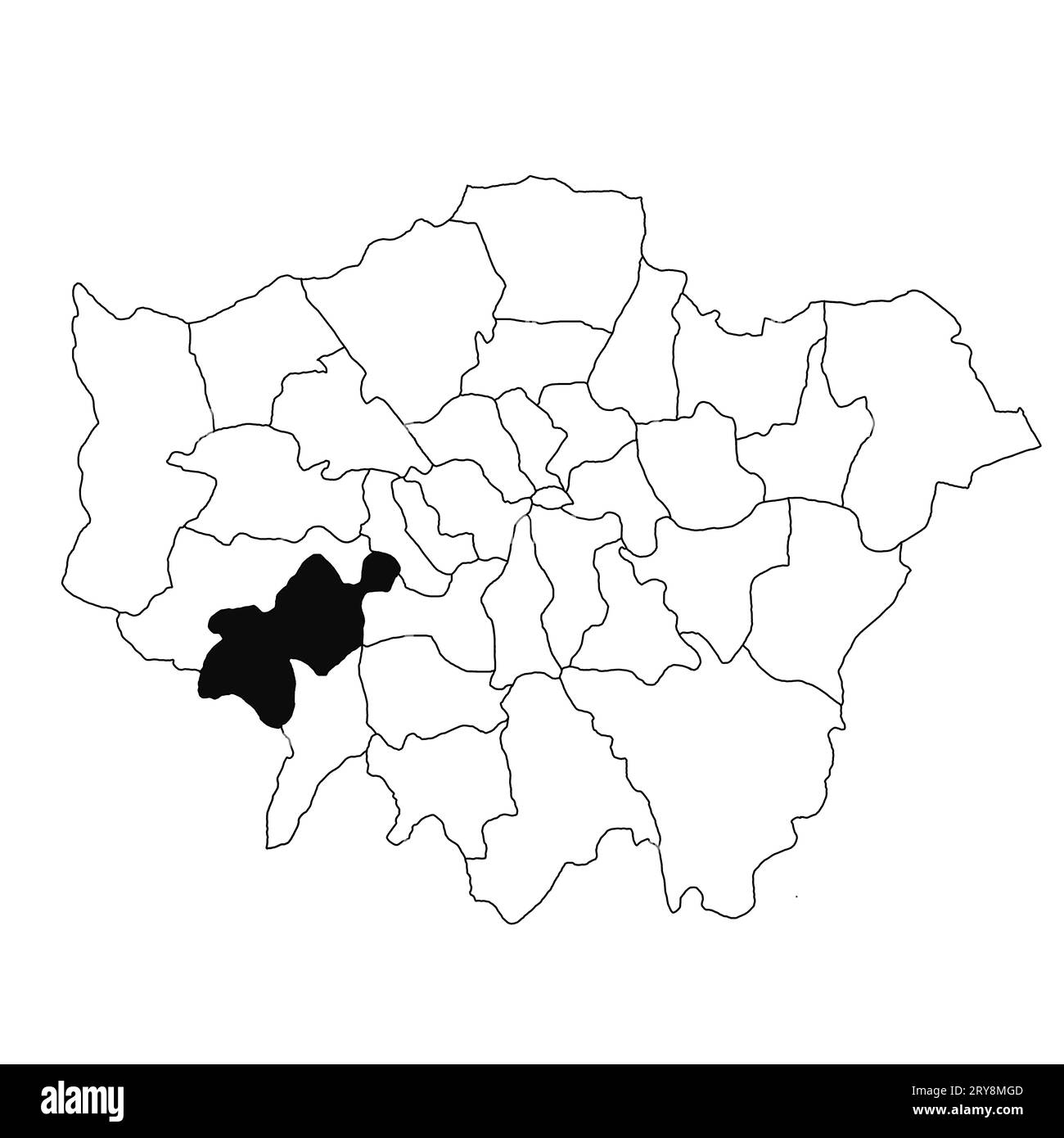 Mappa di Richmond nella provincia della Greater London su sfondo bianco. Mappa singola della contea evidenziata da colore nero sulla Greater London, England administrativ Foto Stock
