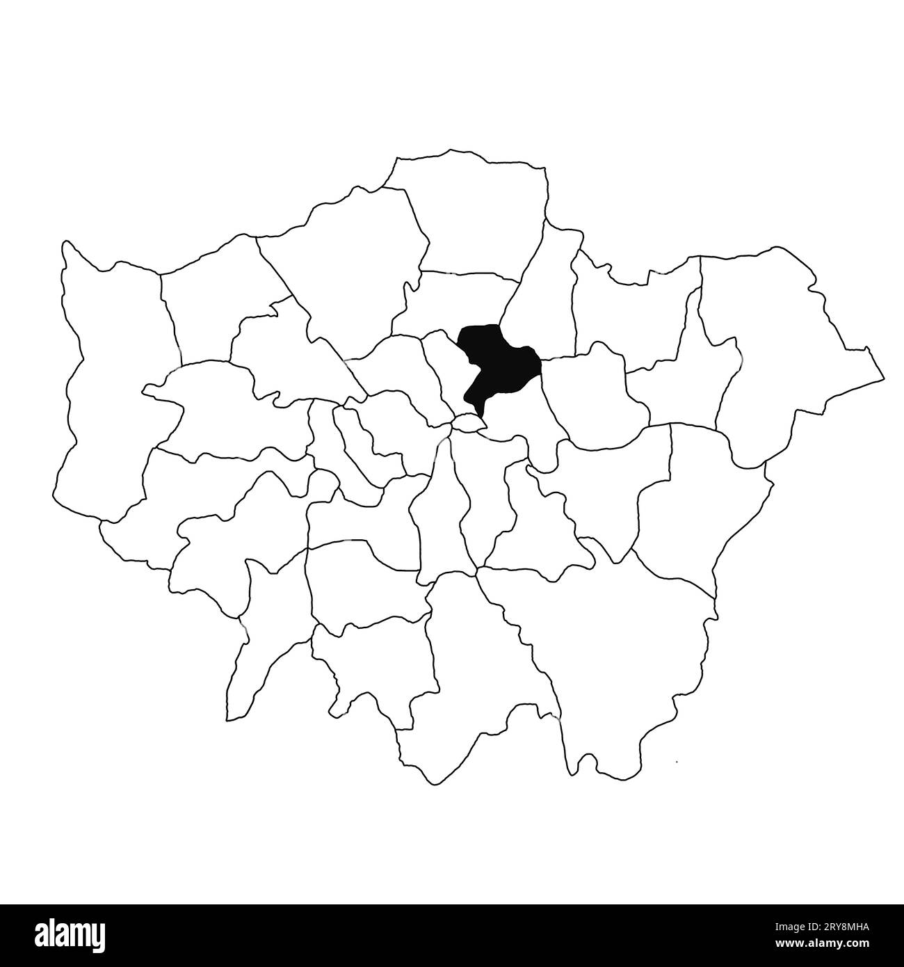 Mappa di Hackney nella provincia di Greater London su sfondo bianco. Mappa singola della contea evidenziata da colore nero su Greater London, Inghilterra amministrativa Foto Stock