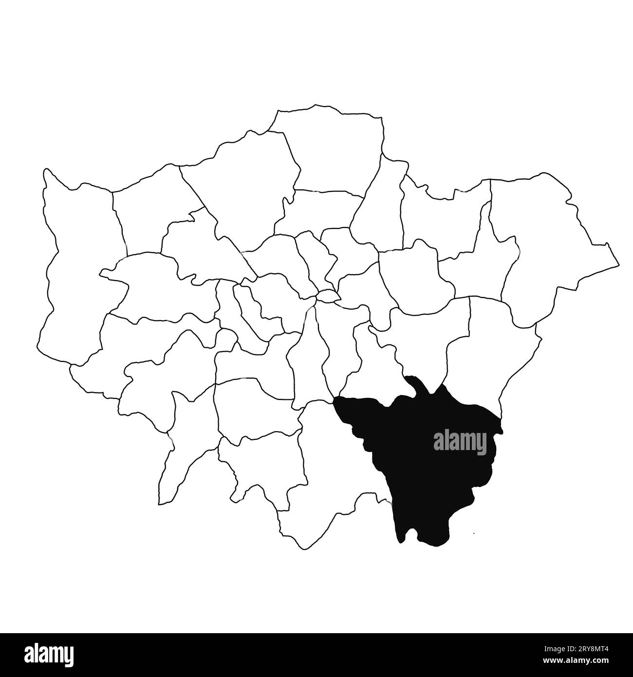 Mappa di Bromley nella provincia di Greater London su sfondo bianco. Mappa singola della contea evidenziata da colore nero su Greater London, Inghilterra amministrativa Foto Stock