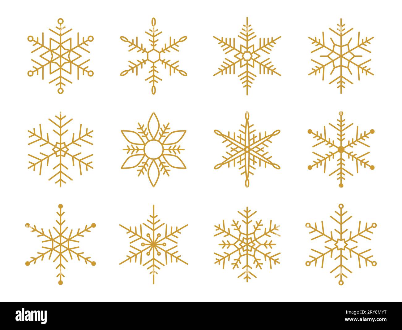 Fiocco di neve dorato per il design della neve. Fiocchi di neve con silhouette dorata isolati su sfondo bianco. Simbolo di blocco. Icona fiocco di neve. Grafica a forma di cristallo di ghiaccio Illustrazione Vettoriale