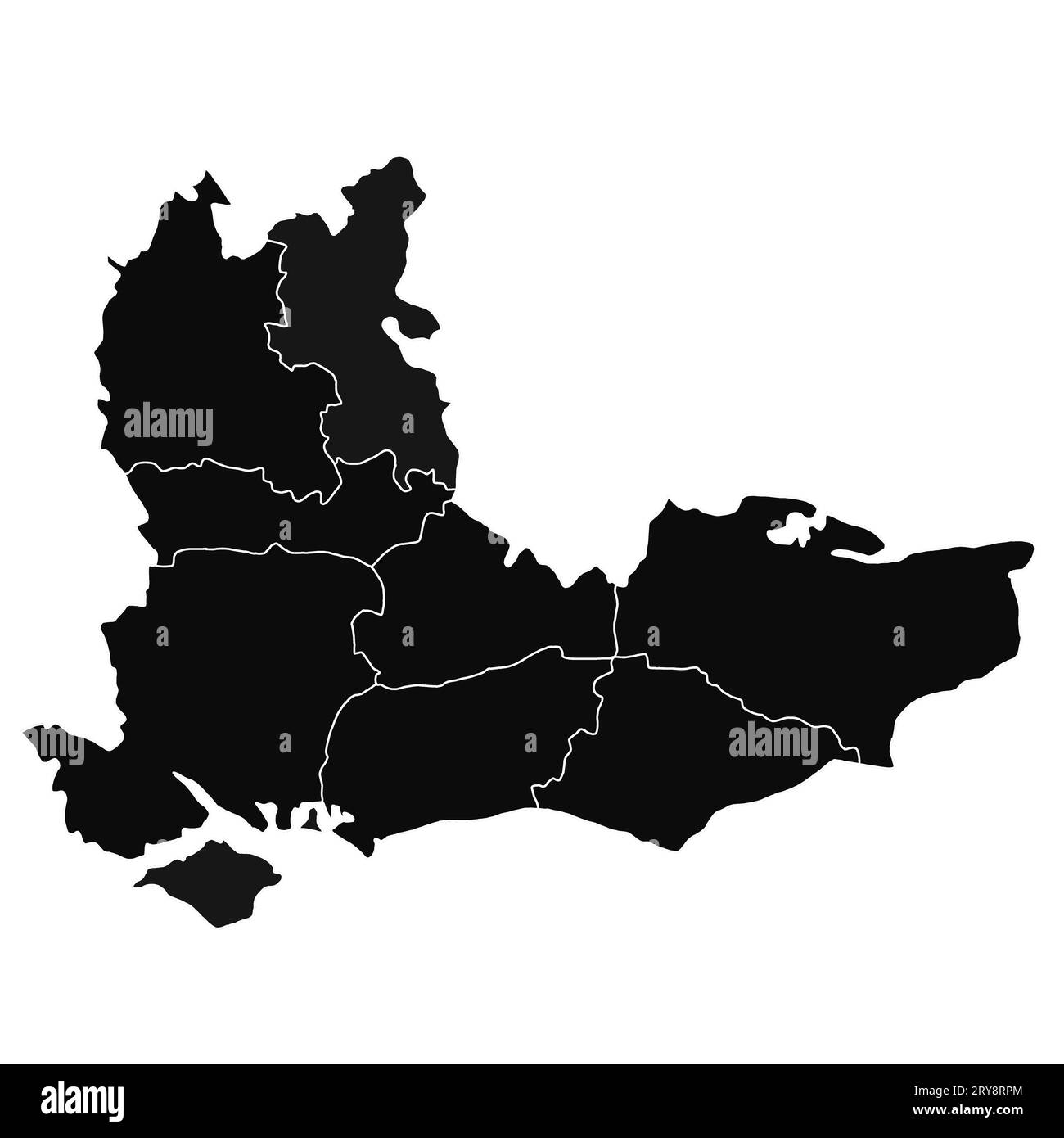 High Quality Outline MAP of South East England è una regione dell'Inghilterra, con confini delle contee cerimoniali. Foto Stock