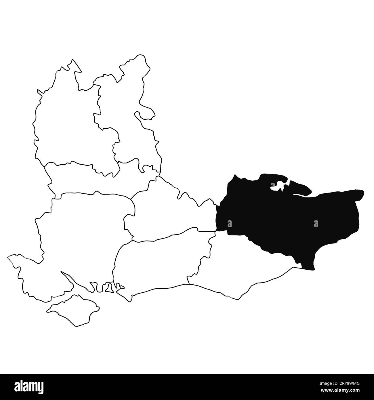 Mappa del Kent nella provincia del sud-est dell'Inghilterra su sfondo bianco. Mappa singola della contea evidenziata da colore nero sulla mappa amministrativa del sud-est dell'Inghilterra Foto Stock