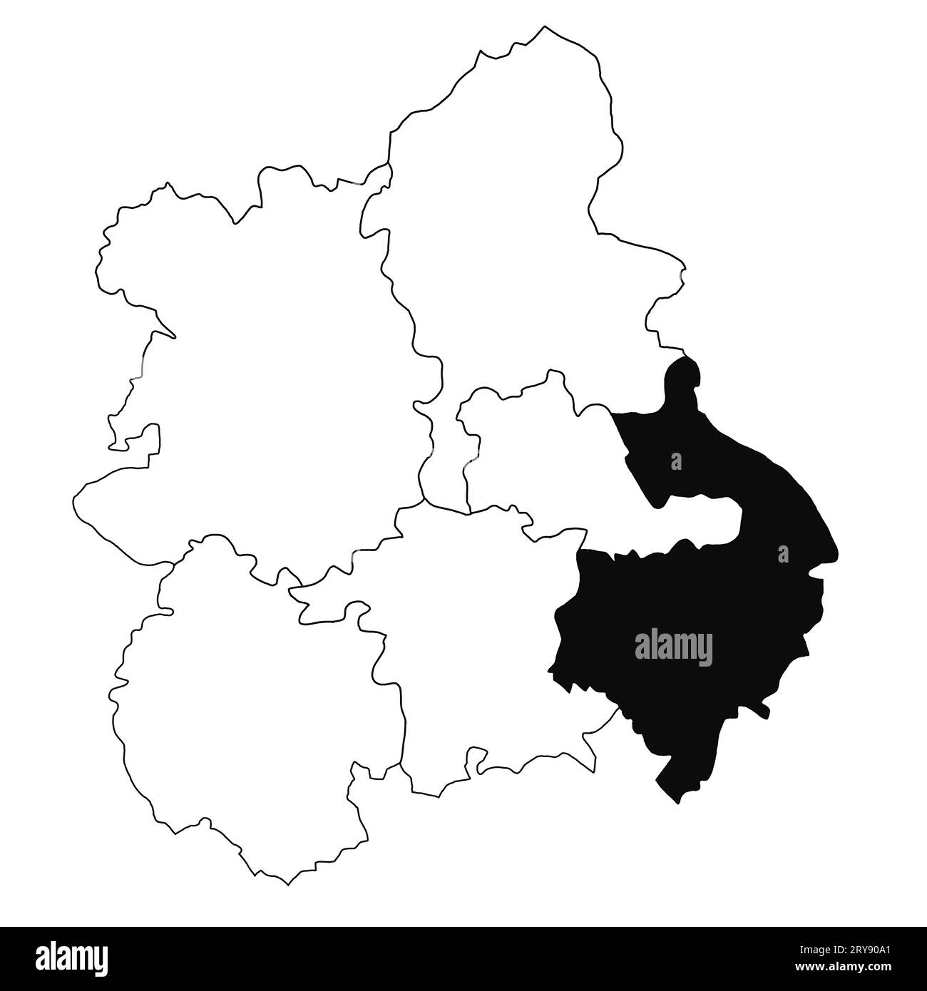 Mappa del Warwickshire nella provincia di West Midlands Inghilterra su sfondo bianco. Mappa singola della contea evidenziata dal colore nero su West Midlands England admi Foto Stock