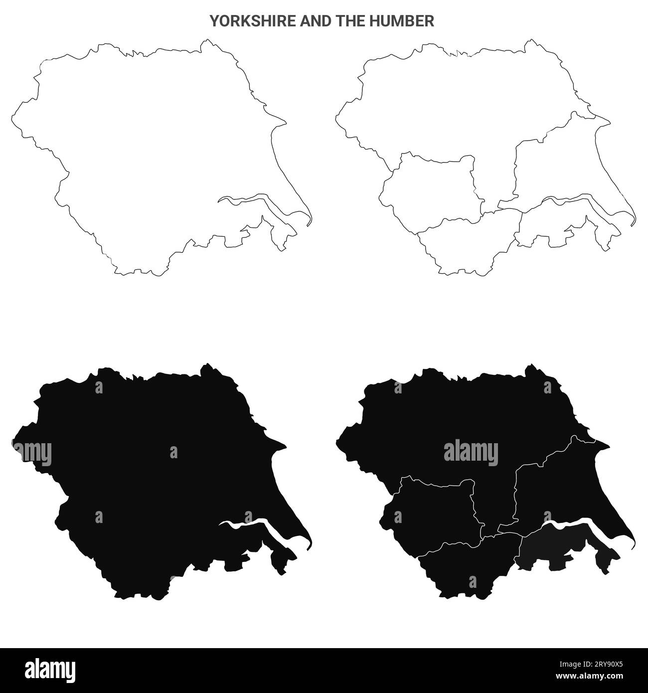 Set di mappe amministrative dello Yorkshire e di Humber, Inghilterra - mappa di contorno vuota Foto Stock